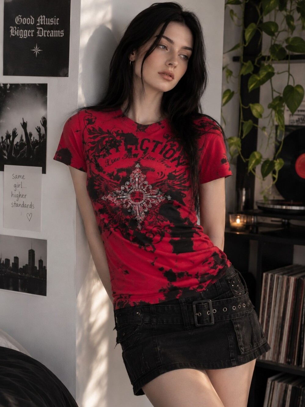 Affliction Antonia Tee XS NWT Red Black Rhinestone Cross Y2K Goth Grunge